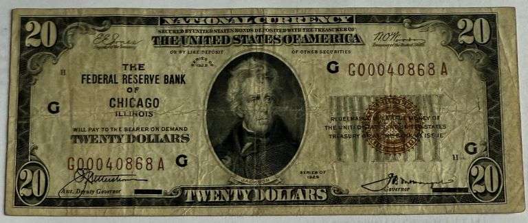 $20 1929 Series Chicago National Brown Seal Note.
