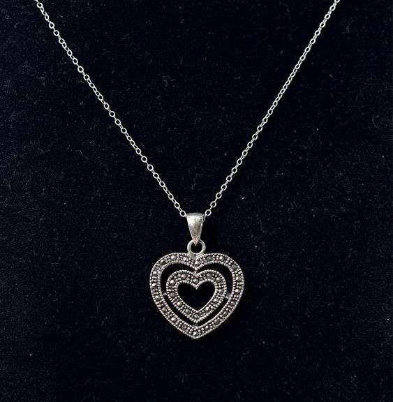 Marcasite Gemstone Heart Pendant Necklace in Sterling Silver