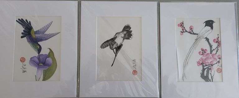 Collection of 3 original painting by Ping Zheng hand signed. Birds