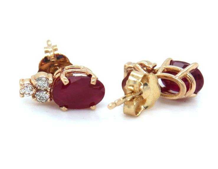 14kt Yellow gold 1ct oval ruby and diamond accent earrings
