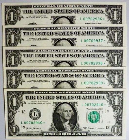 (5) Superb Crisp 2017A $1 Dollar Star Notes San Francisco Consecutive Fancy Lower Serial Numbers!