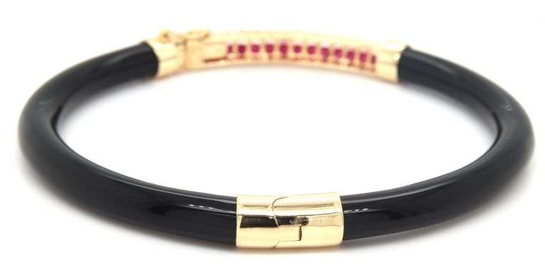 14kt Yellow gold double row ruby and black onyx bangle bracelet