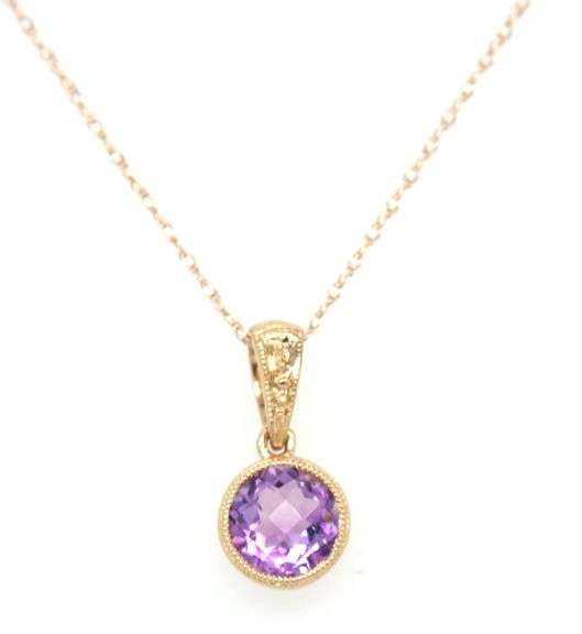 Set of 14kt yellow gold 2ctw amethyst bezel set necklace and earrings