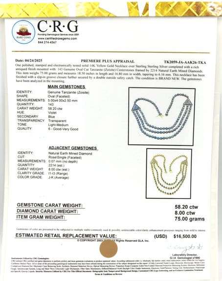 Amazing Brand New European 58.20CTW Oval Shaped Emerald-Cut Tanzanite & 8.00CTW Diamond Necklace in 