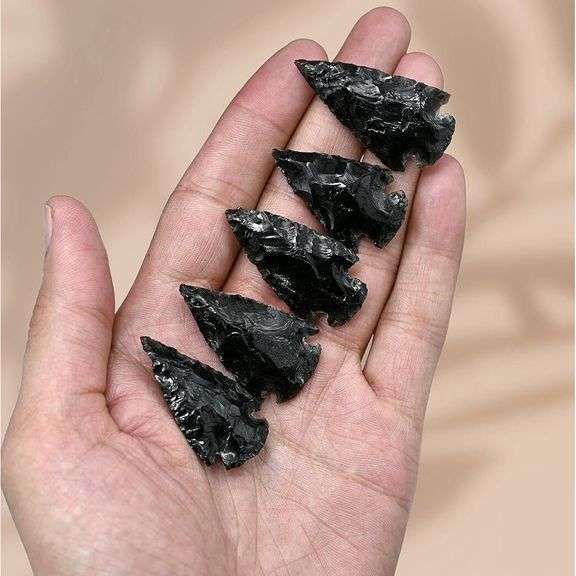 5 Hand-Knapped Black Obsidian Arrowheads