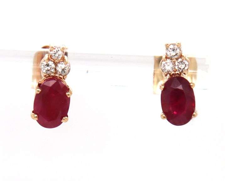 14kt Yellow gold 1ct oval ruby and diamond accent earrings