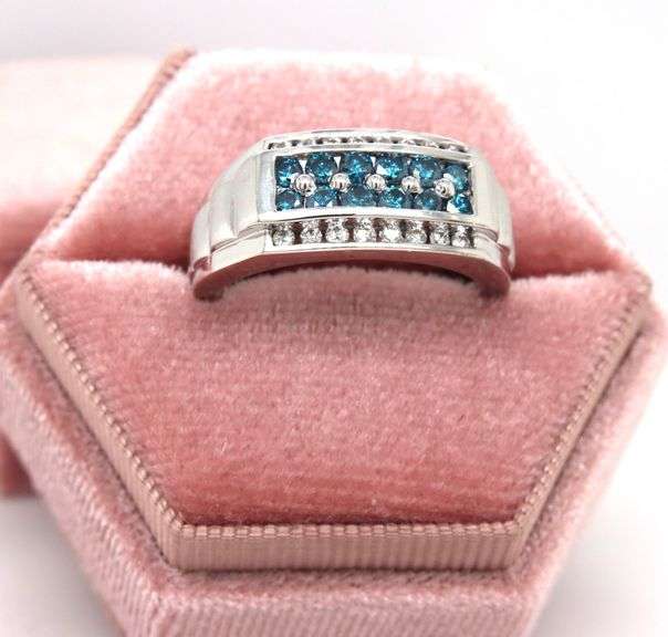 Gent's IR teal diamond and white diamond ring in sterling silver