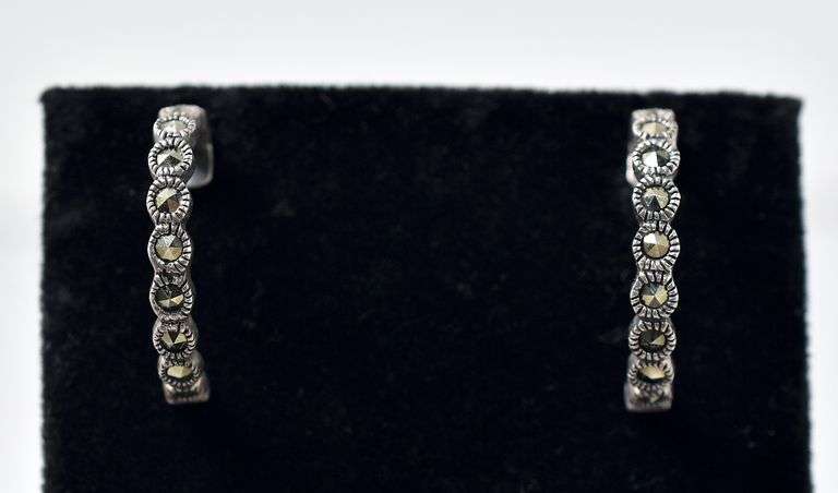 Marcasite Gemstone J-Hoop Earrings in Sterling Silver