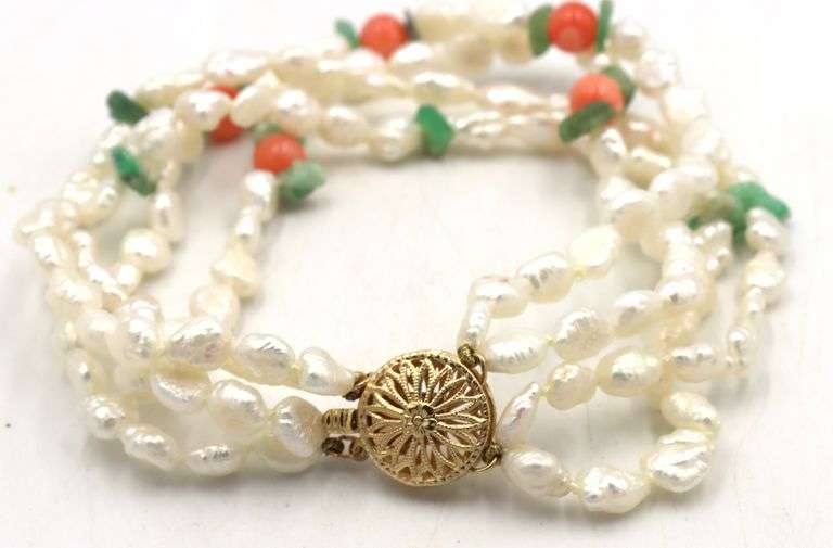 Set of pearl, jade and coral beaded multi strand necklace and bracelet
