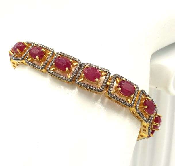 Awesome 14.30CTW Oval Shaped Emerald-Cut Rubies & Diamond Bracelet in 14K Yellow Gold Over Sterling 