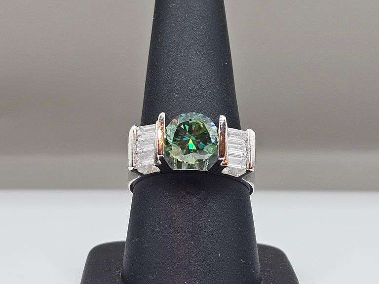 14 Kt White Gold Plated 3.25 Ct Emerald Green Fire Moissanite Ring