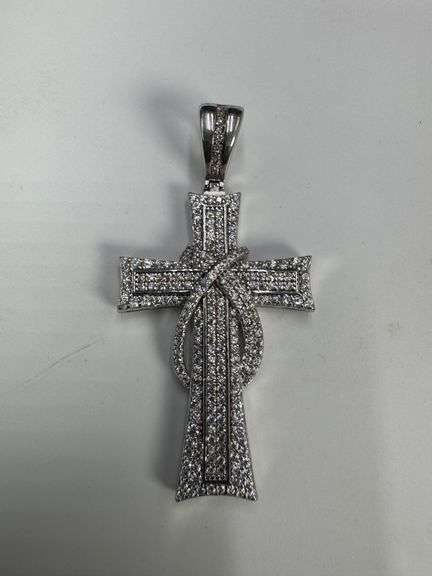 Rhodium Plated 925 Sterling Silver CZ Ribbon Cross Pendant