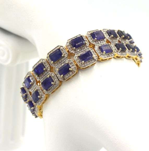 Gorgeous 29.27CTW Emerald Cut Blue Sapphire & 4.10CTW Diamonds Bracelet in 14K Yellow Gold Over 925 