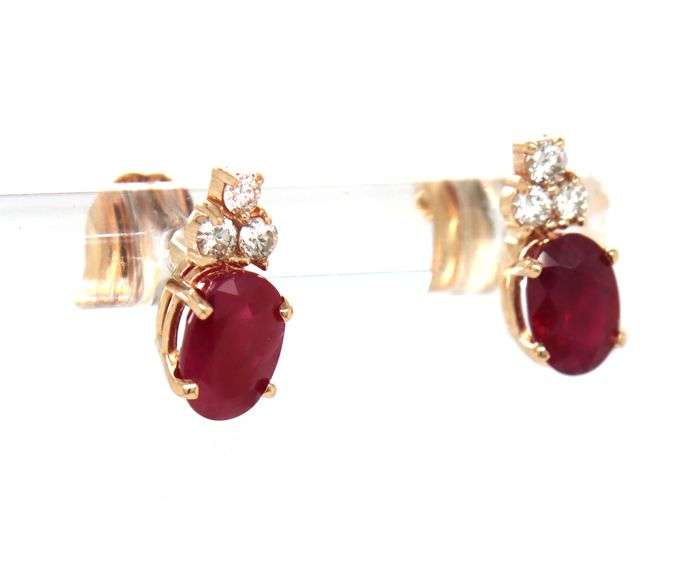 14kt Yellow gold 1ct oval ruby and diamond accent earrings