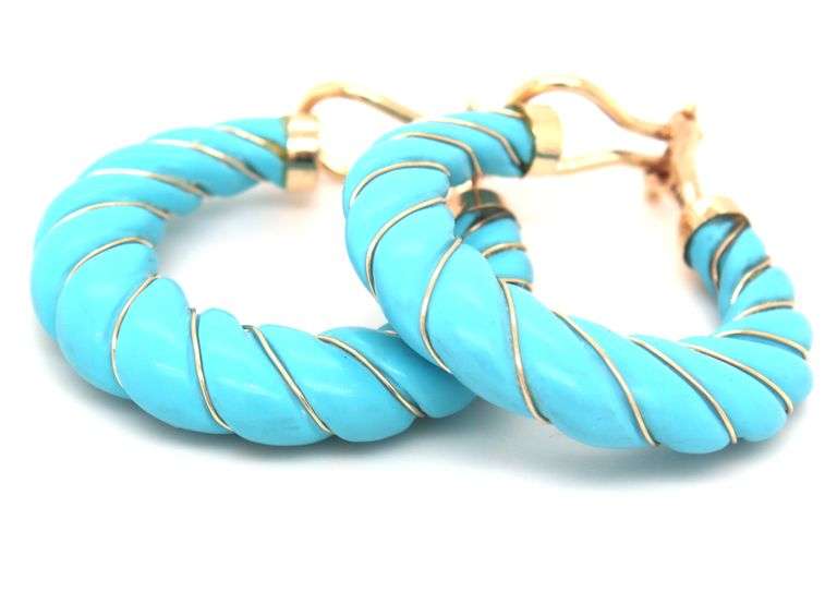14kt Yellow gold Turquoise strip hoops