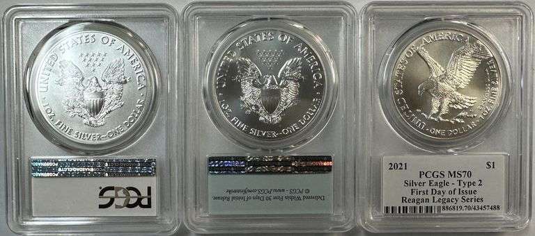3 Special PCGS MS70 graded 2019, 2020, & 2021 $1 Silver Eagles