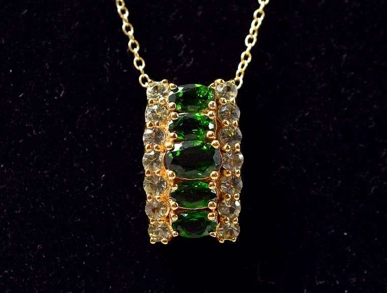 Emerald and Green Amethyst Gemstone Pendant Necklace in Vermeil Sterling Silver