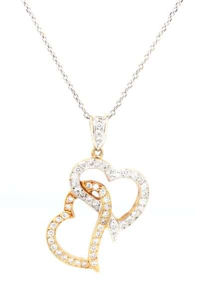 18kt two tone gold heart shaped diamond pendant on chain