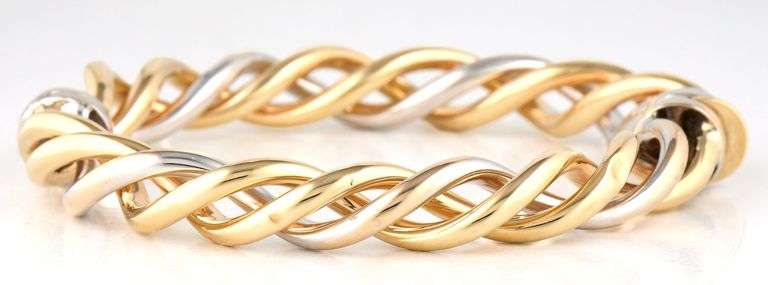 Burdick Polished Two Tone Twisted Bangle Bracelet in 14K
