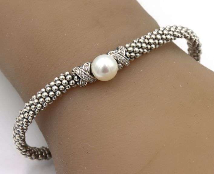 Lagos double diamond X and pearl bracelet in 925 sterling silver