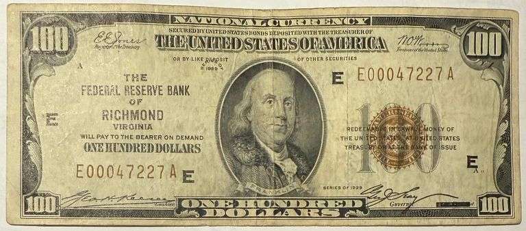 $100 National 1929 Series Richmond National Note