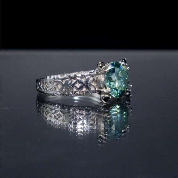 14 K White Gold Plate 3.05 Ct Paraiba Green VVs1 Fire Moissanite Ring