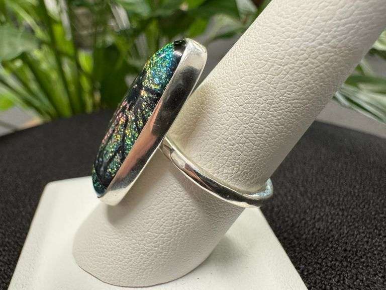 925 Sterling Silver One of a Kind Dichroic Glass Cocktail Ring Size 8