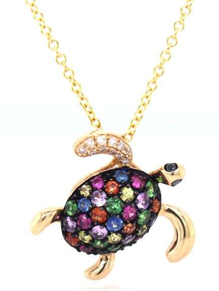 14kt Yellow gold Effy multi sapphire and diamond turtle pendant on chain