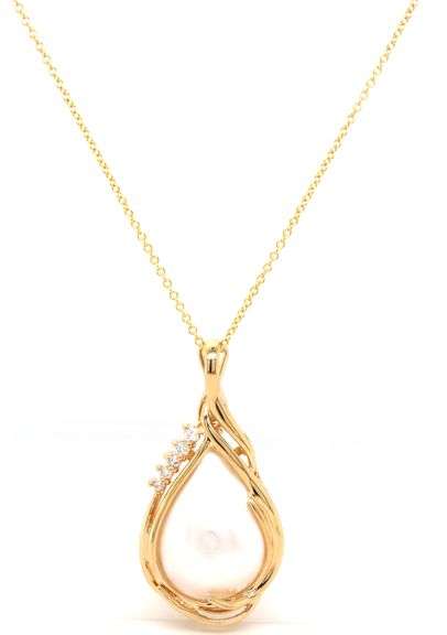 14kt Yellow gold pear mabe pearl and diamond accent enhancer pendant on chain