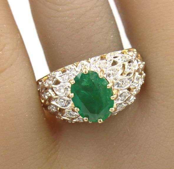 14kt Yellow gold oval emerald and diamond pave 2 tone ring