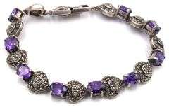 925 Sterling silver marcasite and amethyst link bracelet