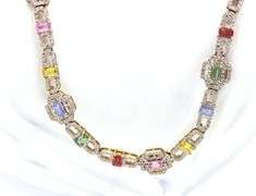 Awesome 13.50CTW Emerald-Cut Multi-Color Sapphire & 6.12CTW Diamond Necklace in 14K Yellow Gold Over