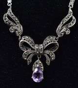Amethyst and Marcasite Gemstone Pendant Necklace in Sterling Silver