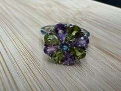 Sterling Silver Amethyst, Peridot, Blue Topaz Gemstone Ring Size 7