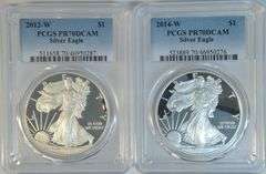 Perfect 2012-W & 2014-W $1 Silver Eagles. PCGS PR70DCAM