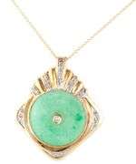 18kt Yellow gold green Jade and diamond accent pendant on chain