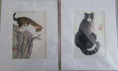 Collection of 2 original painting by Ping Zheng hand signed. Cats