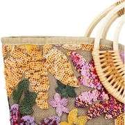 Handmade Sequin Embroidered Tote Rattan Wood Handle