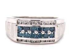 Gent's IR teal diamond and white diamond ring in sterling silver