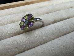 Sterling Silver Amethyst, Peridot, Blue Topaz Gemstone Ring Size 7