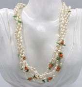 Set of pearl, jade and coral beaded multi strand necklace and bracelet