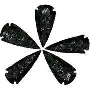 5 Hand-Knapped Black Obsidian Arrowheads