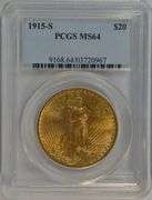 Satiny-fresh virtual Gem BU 1915-S St. Gaudens $20 Gold Piece. PCGS MS64