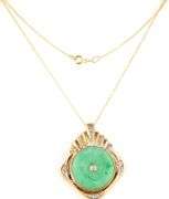 18kt Yellow gold green Jade and diamond accent pendant on chain