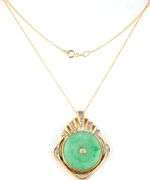 18kt Yellow gold green Jade and diamond accent pendant on chain