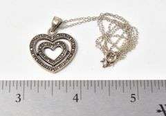 Marcasite Gemstone Heart Pendant Necklace in Sterling Silver
