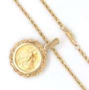 1/10th OZ Eagle coin pendant in 24kt yellow gold on rope chain necklace