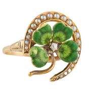 Vintage 0.03ct Diamond Green Enamel and Seed Pearls Four Leaf Clover Ring in 14K