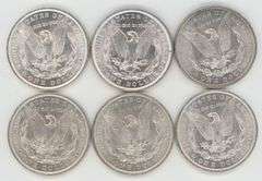 6 Choice BU Morgan Silver Dollars with 3 different dates