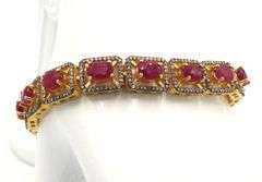 Awesome 14.30CTW Oval Shaped Emerald-Cut Rubies & Diamond Bracelet in 14K Yellow Gold Over Sterling 